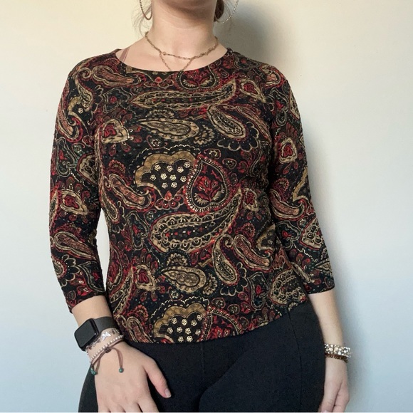 Notations Tops - red, black, and gold metallic paisley print quarter sleeve top